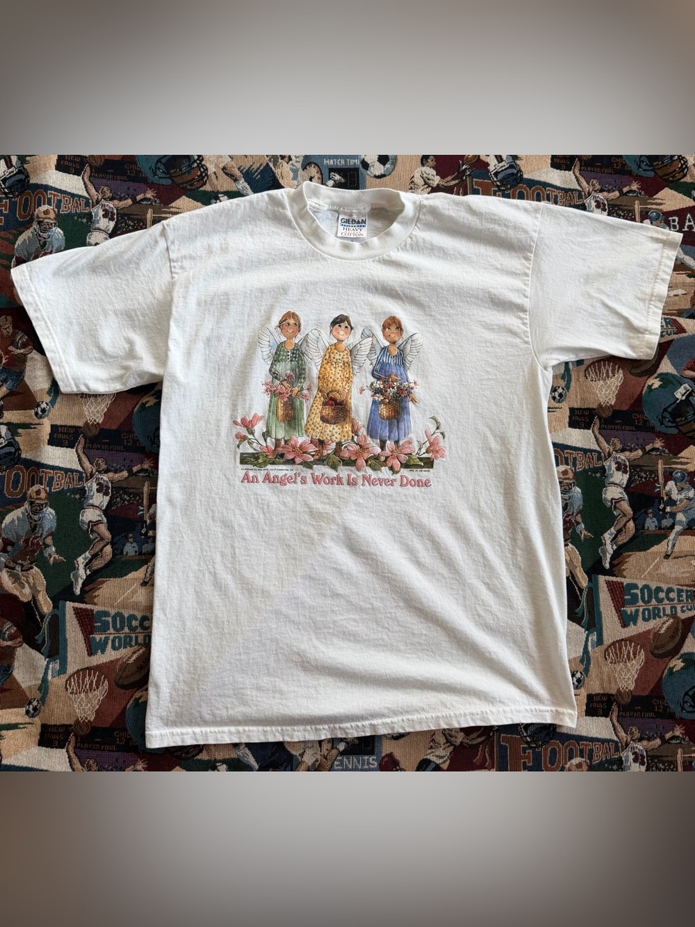 Vintage 90s Women’s Gildan Angles Christian Religious White Graphic T-shirt